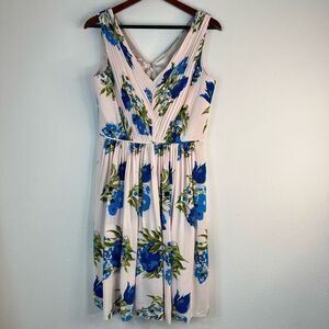 Boden Serena Swishy Blue Floral Pleated Dress Womens 10R Feminine Girlcore